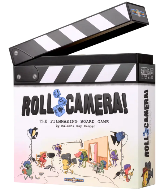Roll Camera cooperative board game shaped like a clapperboard, featuring cartoon characters making a movie.