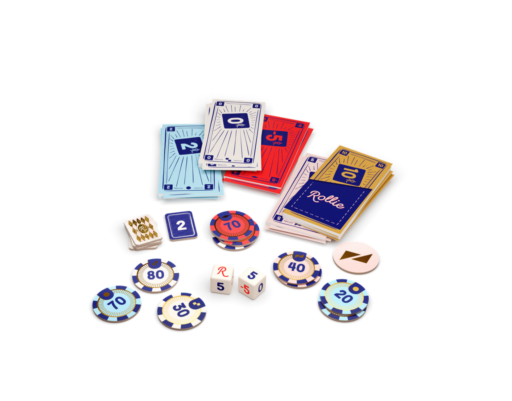 Rollie family board game set including cards, poker chips, dice, and tokens.