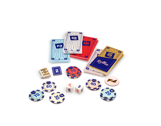 Rollie family board game set including cards, poker chips, dice, and tokens.