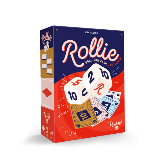 Rollie board game box featuring dice, money, and cards; red, blue, and white design.