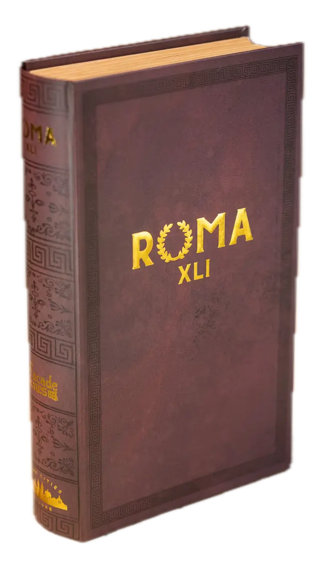 Brown hardcover book titled “Roma XLI” with gold text and a laurel wreath design on the cover.