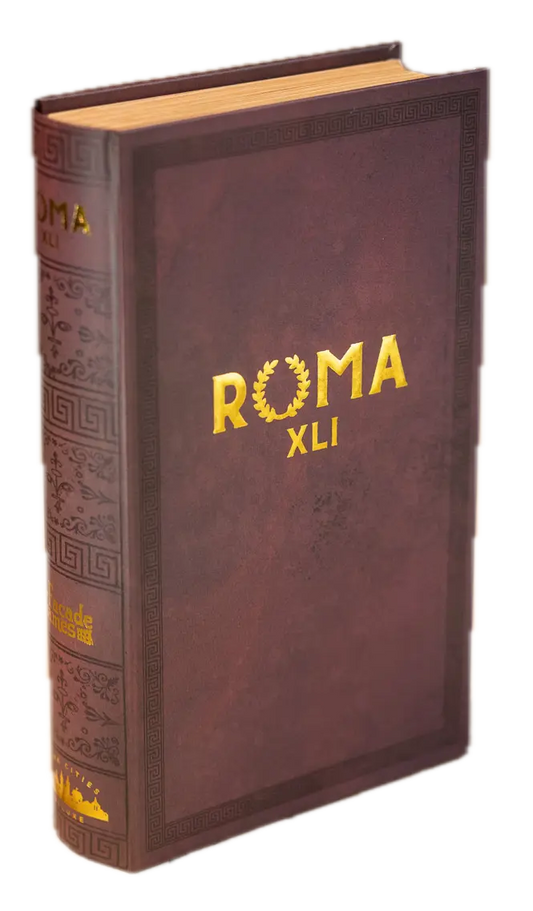 Brown hardcover book titled “Roma XLI” with gold text and a laurel wreath design on the cover.