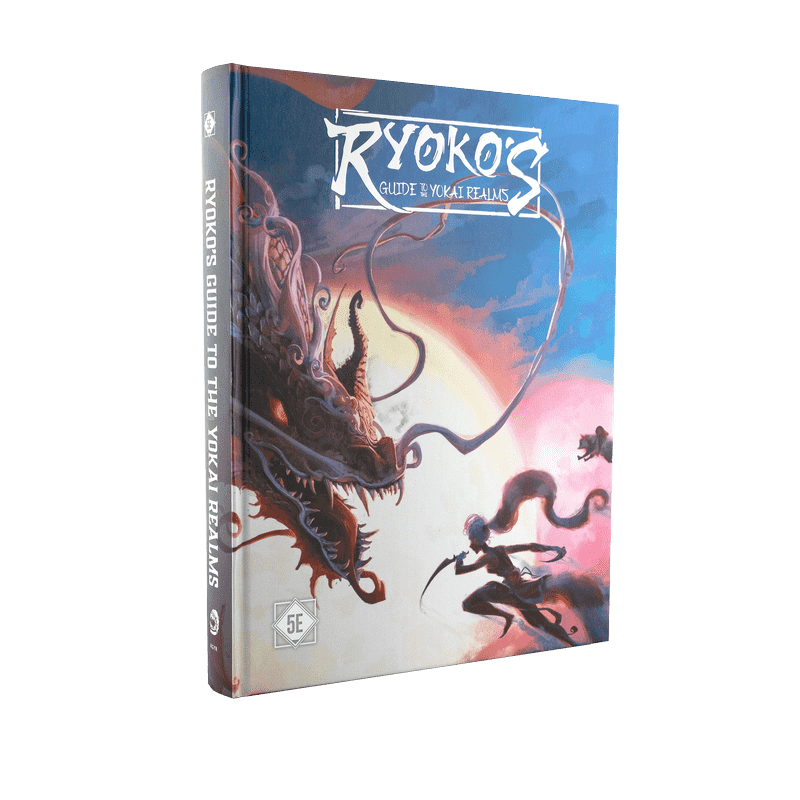 Ryoko’s Guide to the Yokai Realms book cover with dragon fighting a D&D 5e-style warrior.