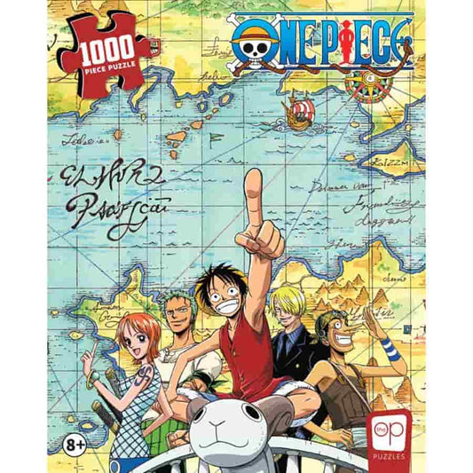 Sailing the Going Merry 1,000-Piece Puzzle featuring the One Piece crew on the Going Merry with a world map.