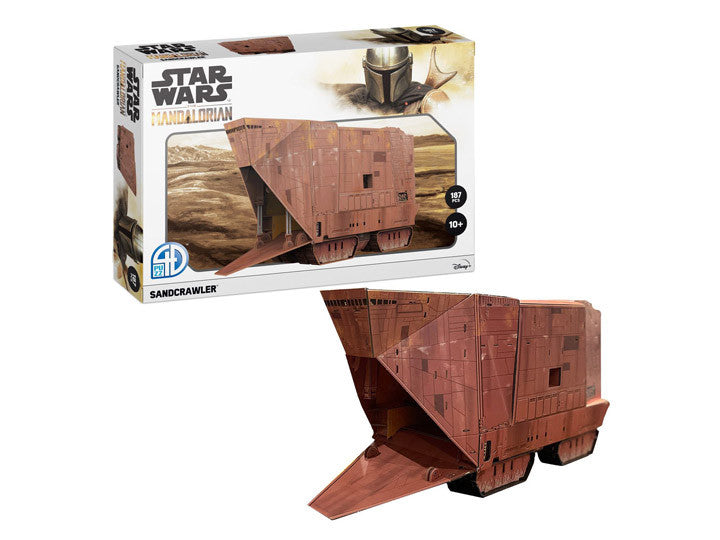 4D Star Wars The Mandalorian Sandcrawler Model with detailed design and illustrated box packaging.