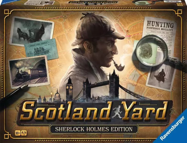 Scotland Yard: Sherlock Holmes Edition board game cover with Sherlock Holmes and London landmarks.