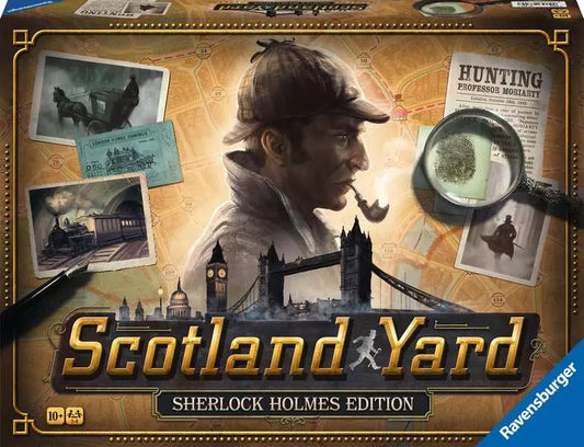 Scotland Yard: Sherlock Holmes Edition board game cover with Sherlock Holmes and London landmarks.