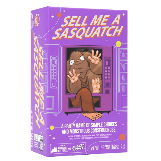 Sell Me a Sasquatch party game in a purple box featuring a cartoon Sasquatch emerging from a TV.