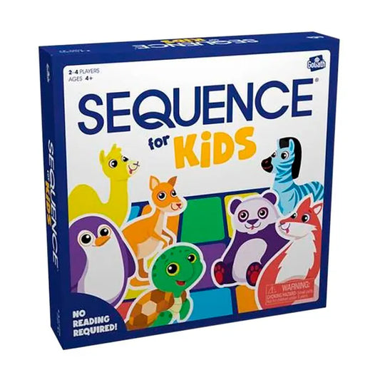 Sequence for Kids box features colorful cartoon animals, bold text, and fun dragon and unicorn SEQUENCE cards.
