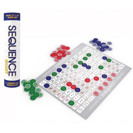 Sequence Giant Tube game set with cards, colored chips, and rolled mat.