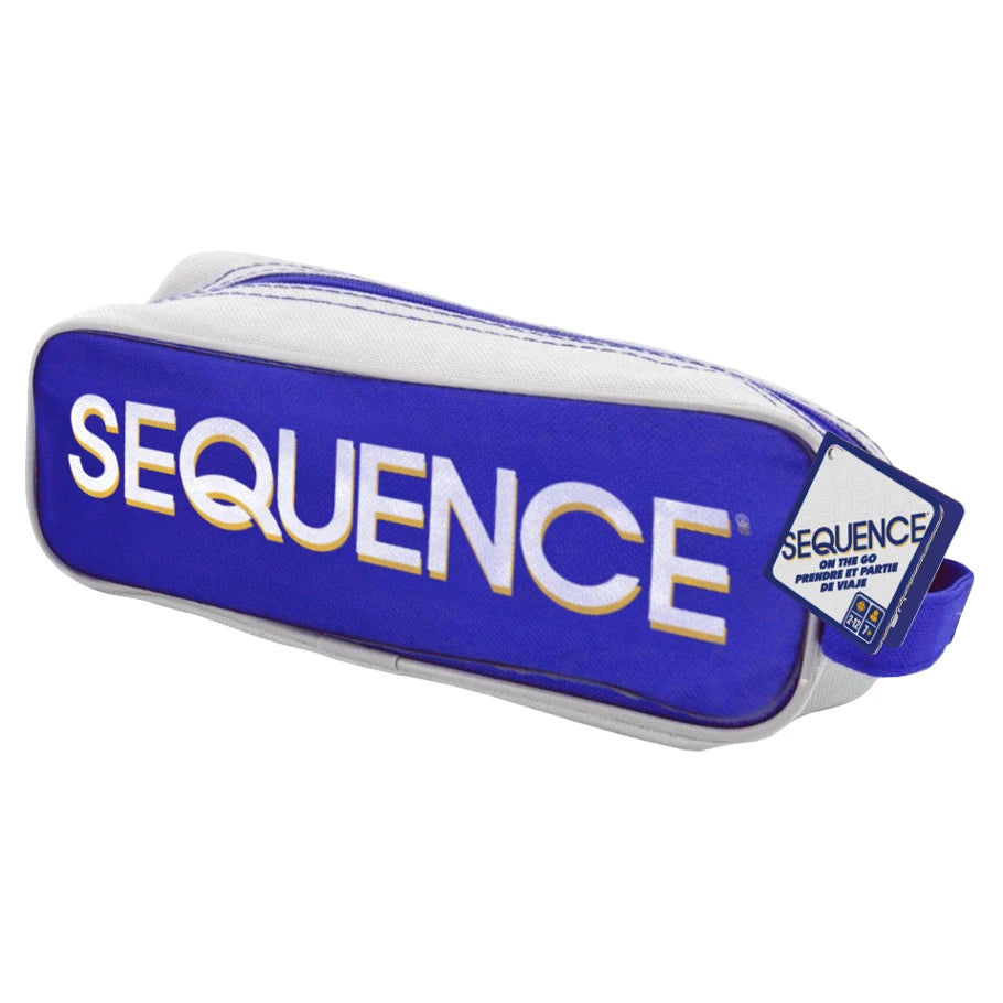 Sequence On the Go travel board game blue and white pouch with tag and bold white lettering.