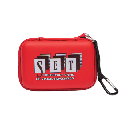 SET Travel Case, red with zipper, includes black carabiner for carrying SET game.