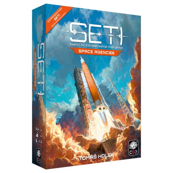 SETI: Space Agencies board game box featuring themes of alien life search and rocket launches.