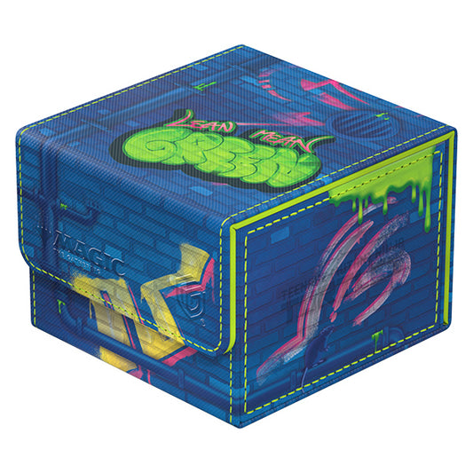 Blue Sidewinder 133+ Xenoskin MTG deck case with TMNT Sewer Walls design, neon green drips, and yellow stitching.
