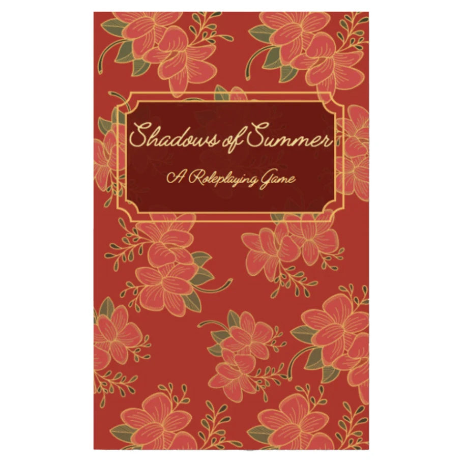 Shadows of Summer RPG rulebook cover art: abandoned mansion, red flowers, and a gold-bordered label.
