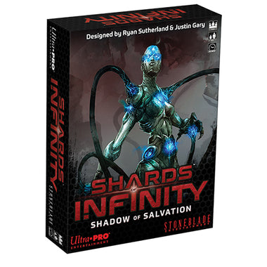 Shards of Infinity: Shadow of Salvation Expansion Pack, deck-building game with blue-glowing humanoid on cover.