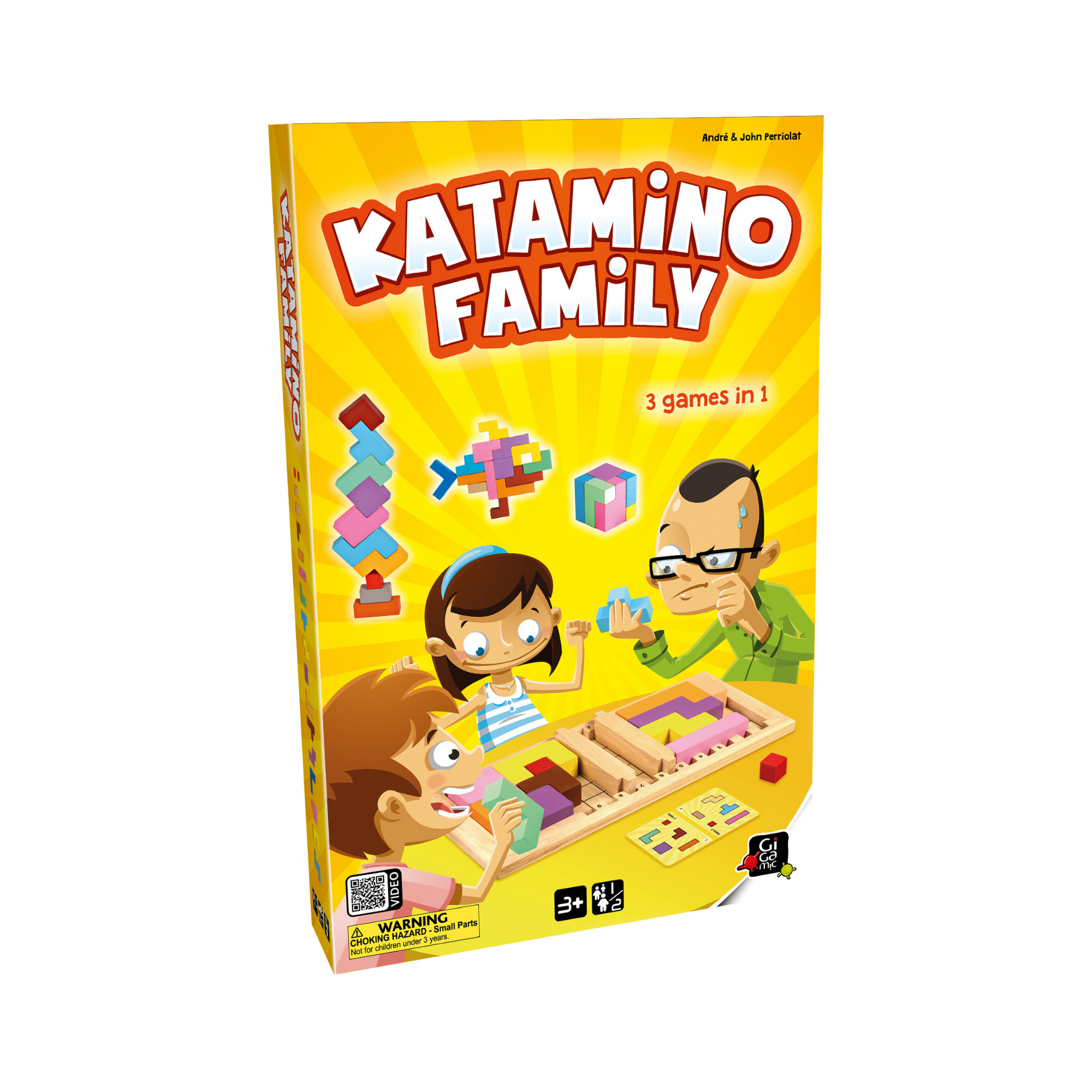 Katamino Family game box with illustration of children and an adult playing a colorful puzzle on a yellow background.