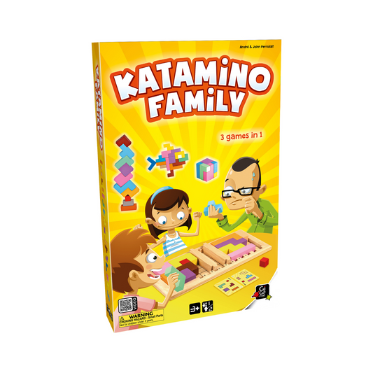 Katamino Family game box with illustration of children and an adult playing a colorful puzzle on a yellow background.