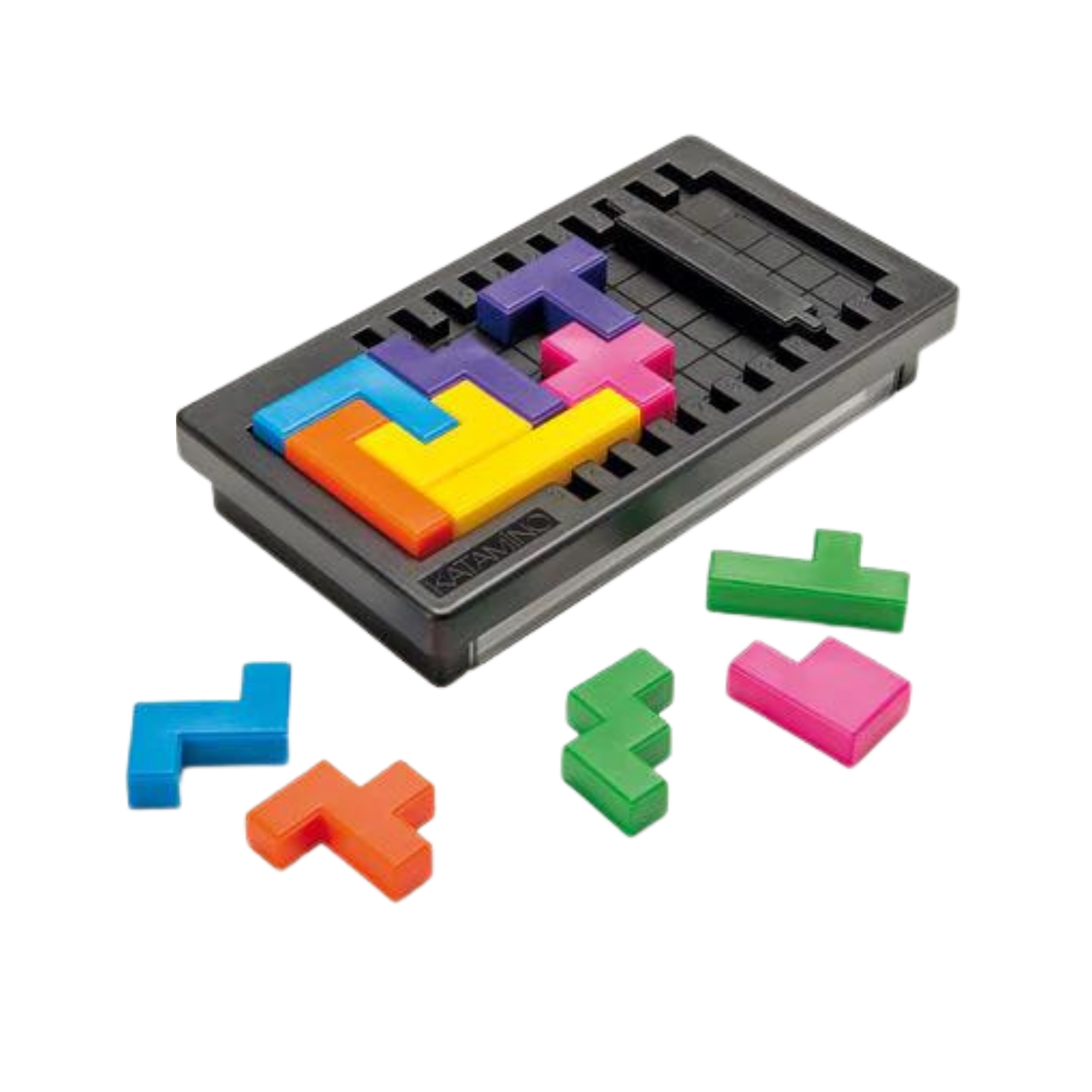 Katamino Pocket tabletop puzzle game with colorful geometric pieces and a black tray.