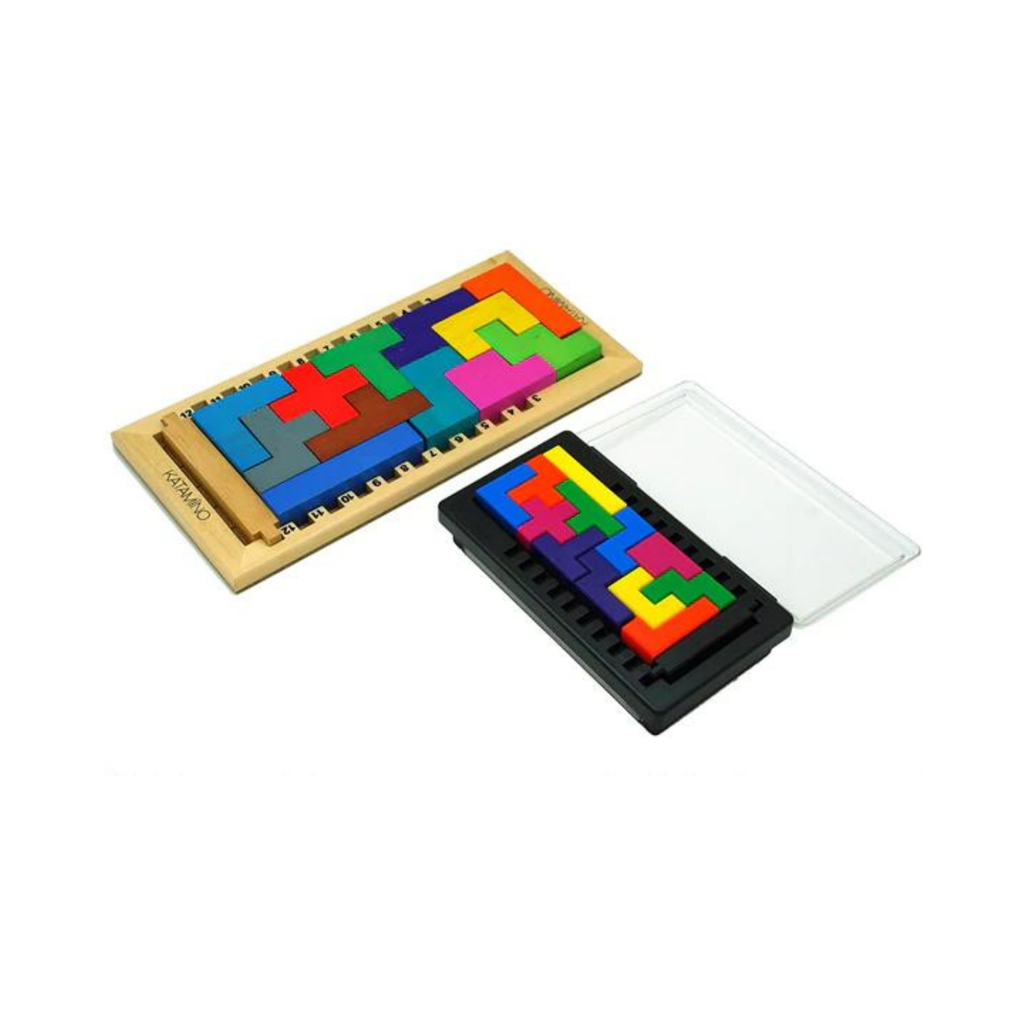 Katamino Pocket brain teaser games: one in a wooden tray, one in a black plastic case with clear lid.