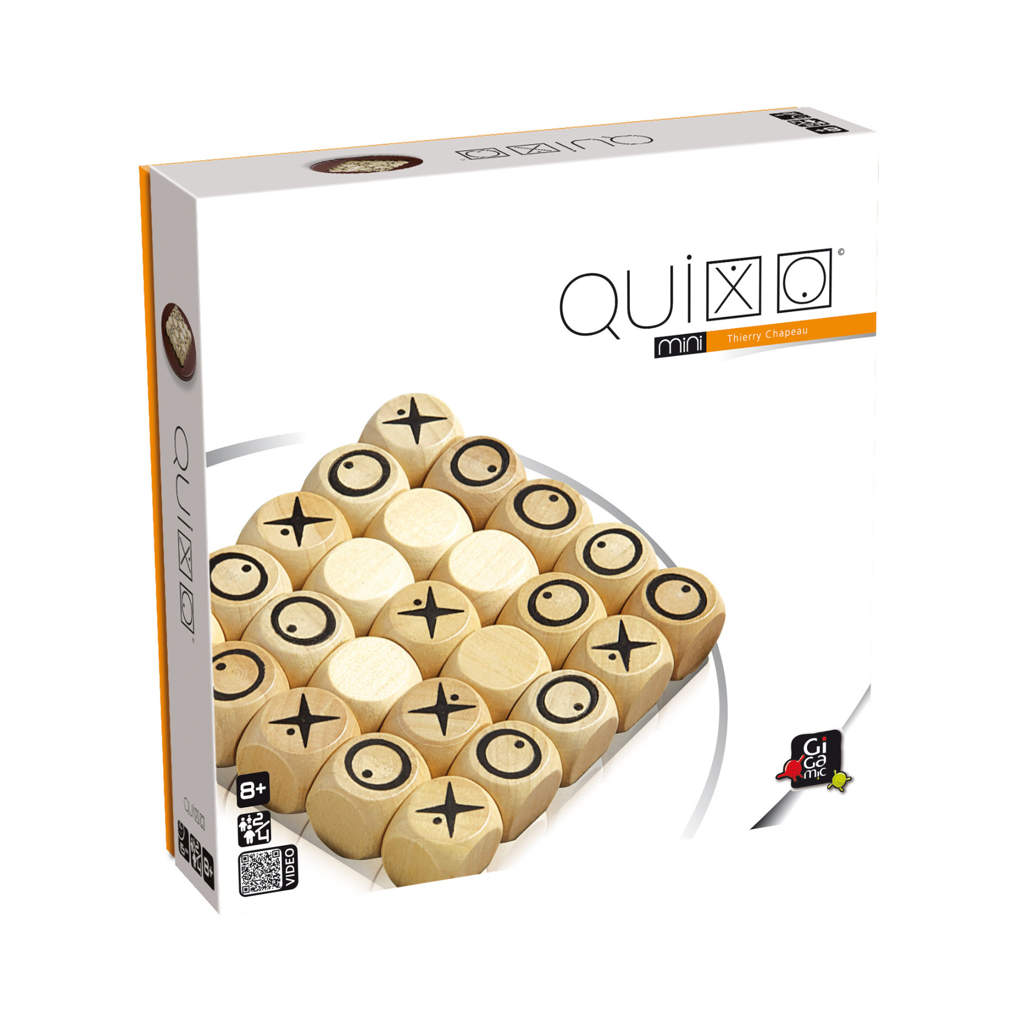 Quixo Mini game with wooden cubes showing circles and Xs in a grid pattern.