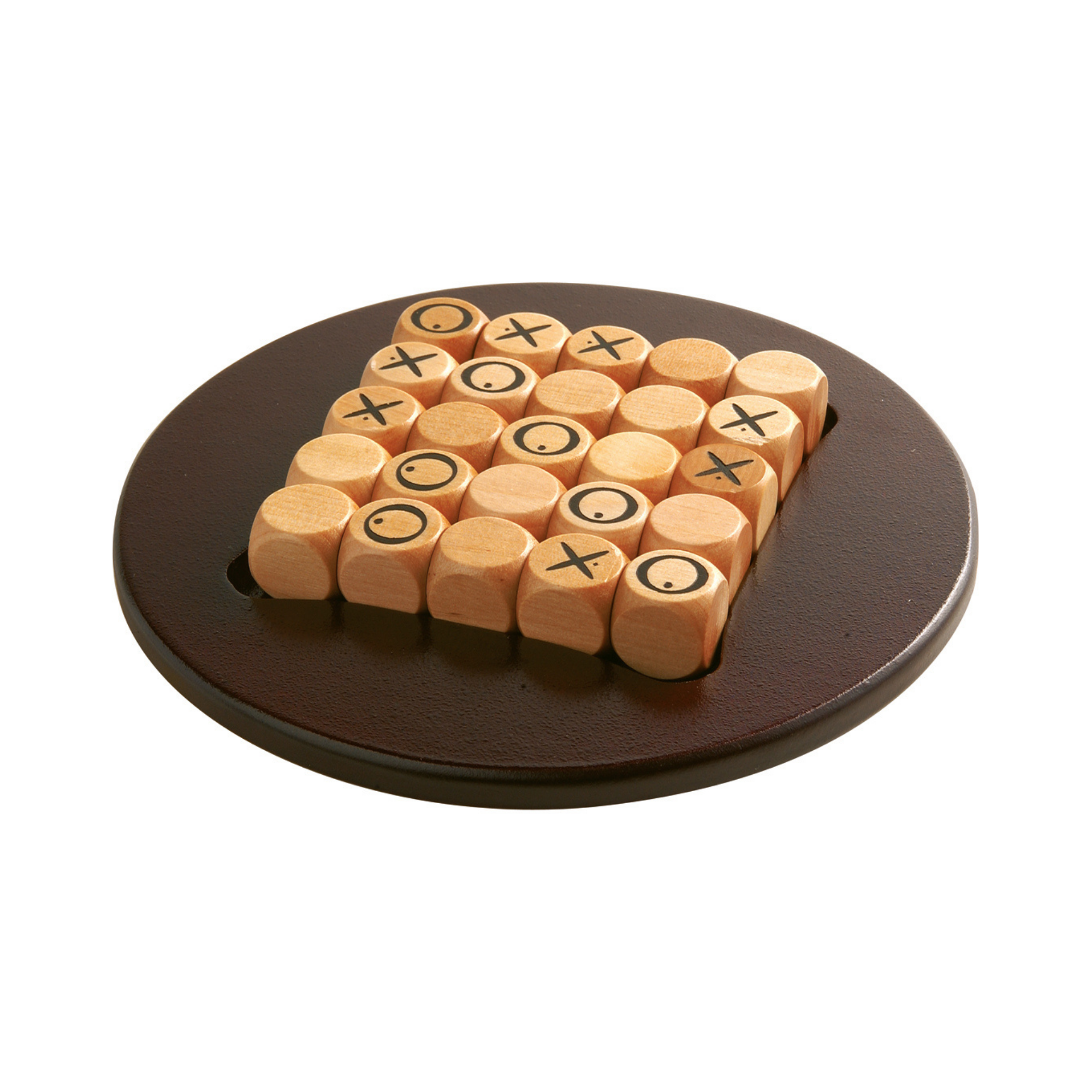 Quixo Mini wooden Tic-Tac-Toe game with X and O blocks on a small, dark brown round board.
