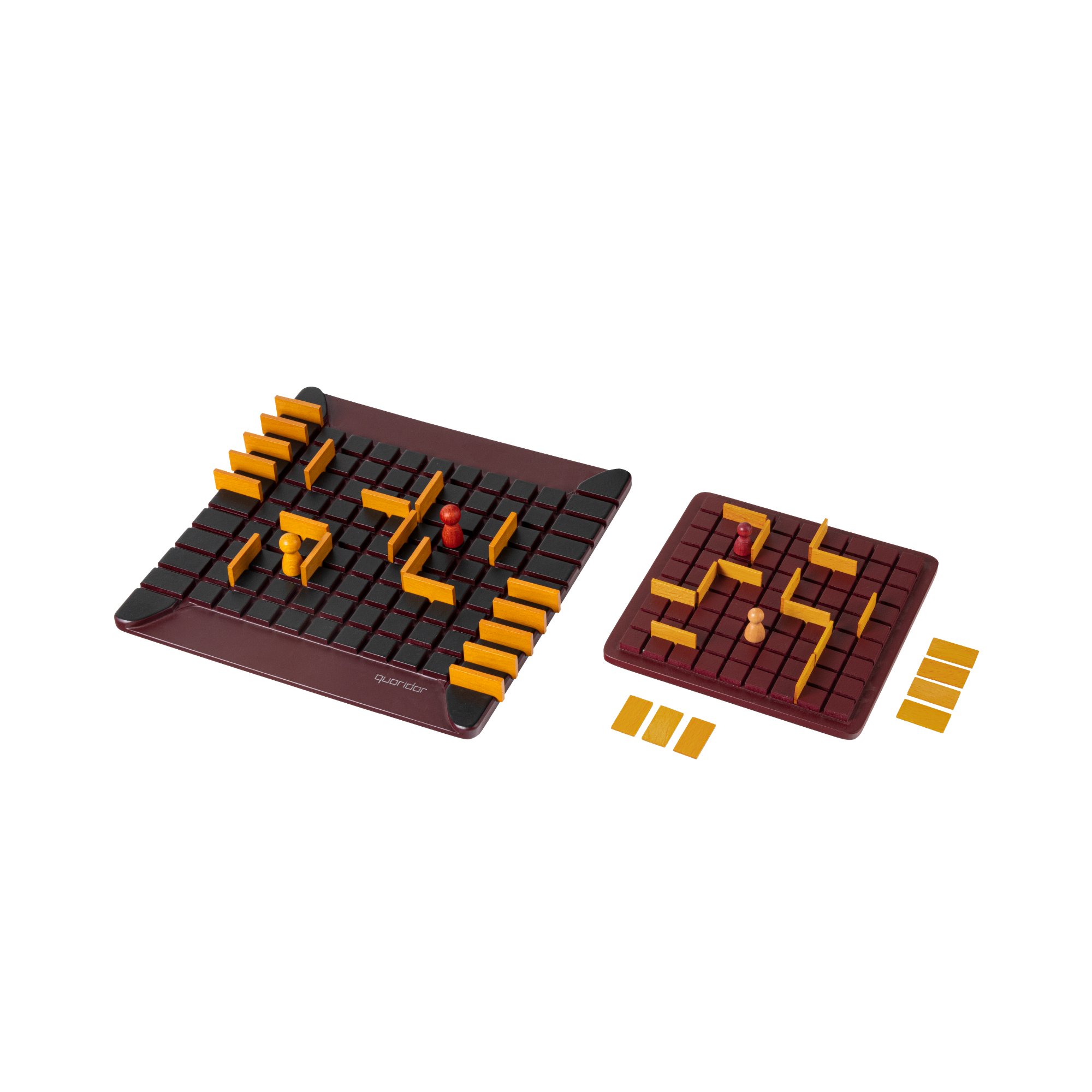 Two Quoridor Mini games with red and yellow pieces on black grids, top-down view.