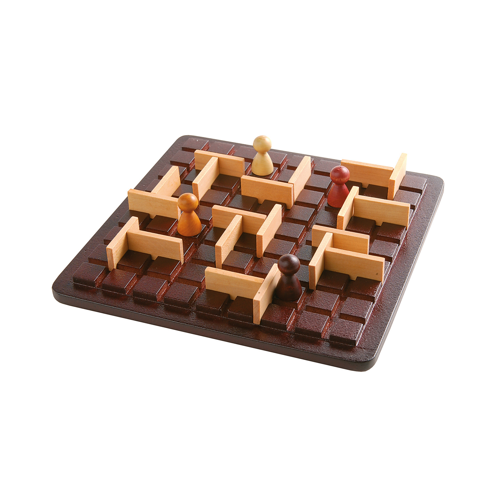Quoridor Mini wooden board game with four pawns: red, brown, and two beige shades.