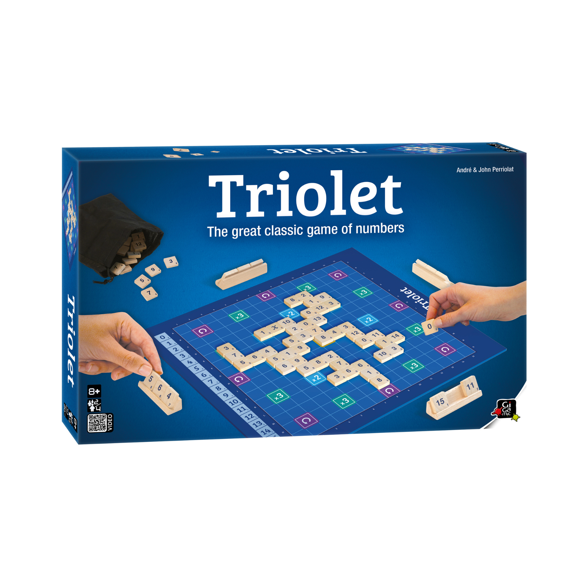Triolet game box, hands placing tiles on a blue board, with tile bag and Triolet tiles visible.
