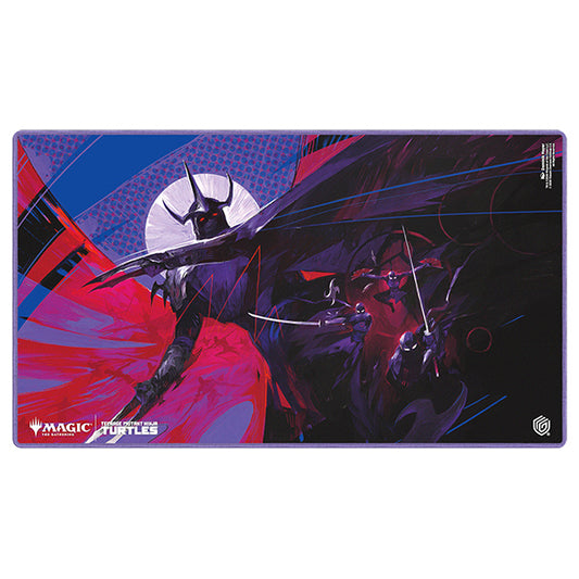 MTG Playmat featuring Teenage Mutant Ninja Turtles, Shredder, and Foot Clan in comic art style.