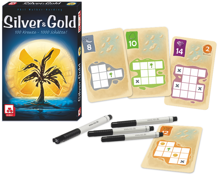Silver & Gold game box with four grid-pattern cards and four black markers on a white background.