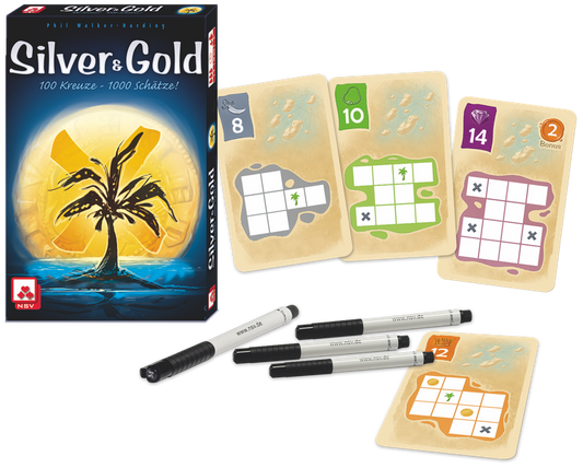 Silver & Gold game box with four grid-pattern cards and four black markers on a white background.