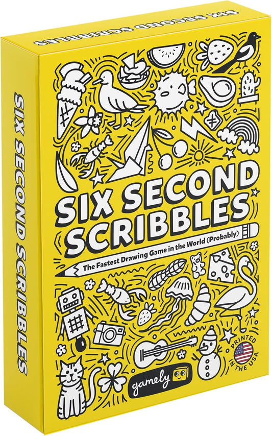 Six Second Scribbles party game in a yellow box with black-and-white doodles and icons on the packaging.