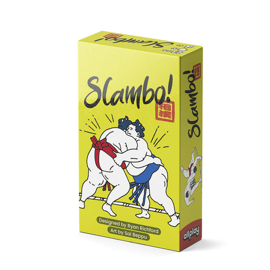 Yellow box for the Slambo card game with cartoon sumo wrestlers in blue and red mawashi belts.