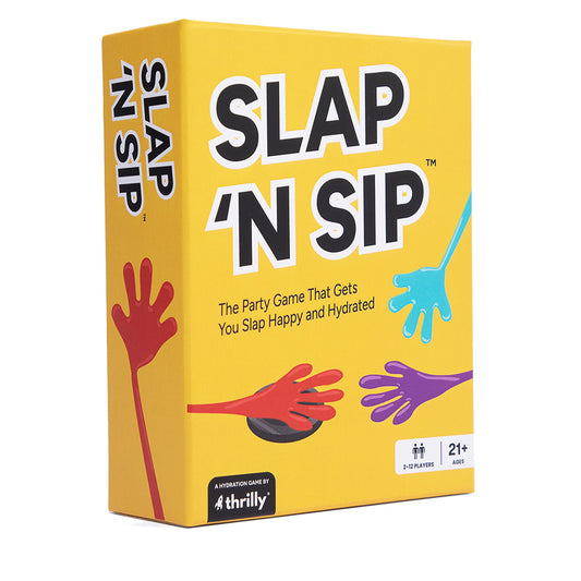 Slap N Sip adult card game in yellow box, ages 21+, for 3 or more players.