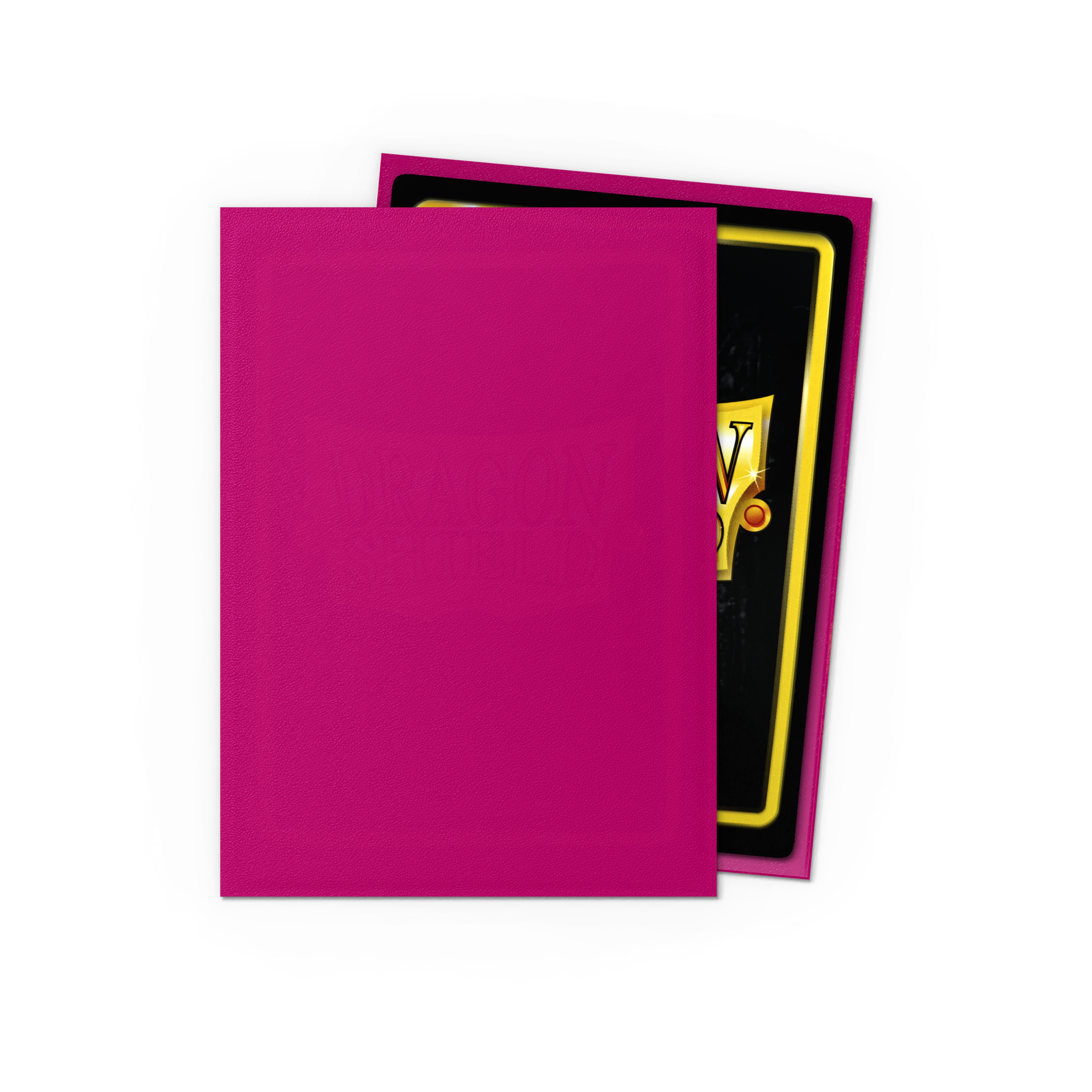 Magenta Dragon Shield Standard Sleeves 100 Count Box with part of a yellow-bordered card visible underneath.