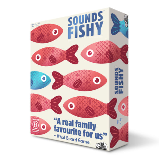 Sounds Fishy bluffing game box with red and blue fish art and a family-friendly review quote on the packaging.