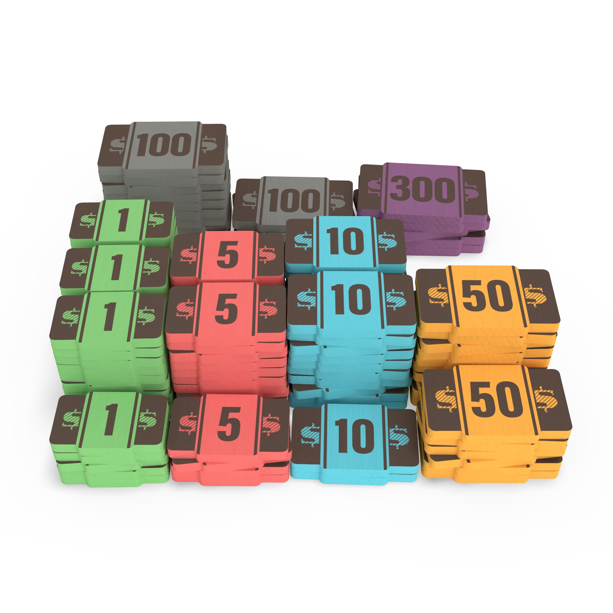 Speakeasy wooden money tokens in various colors and denominations arranged on a white surface.