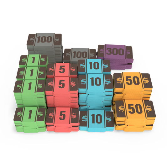 Speakeasy wooden money tokens in various colors and denominations arranged on a white surface.