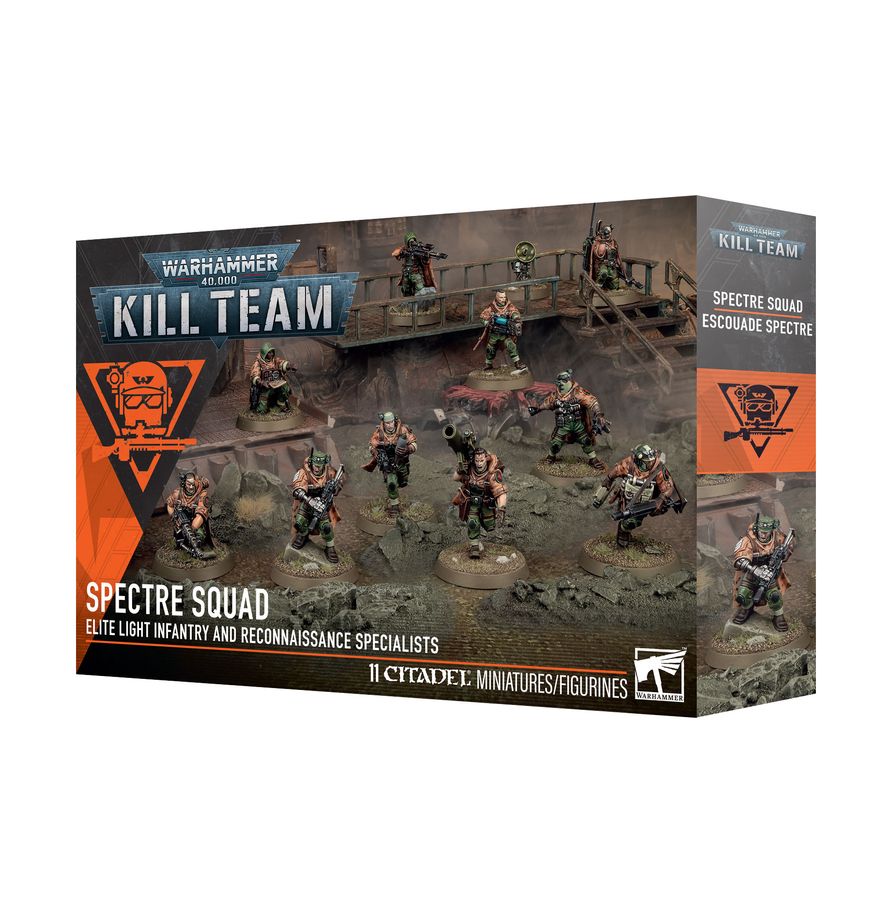 Kill Team Astra Militarum: Spectre Squad boxed miniatures with painted models shown.