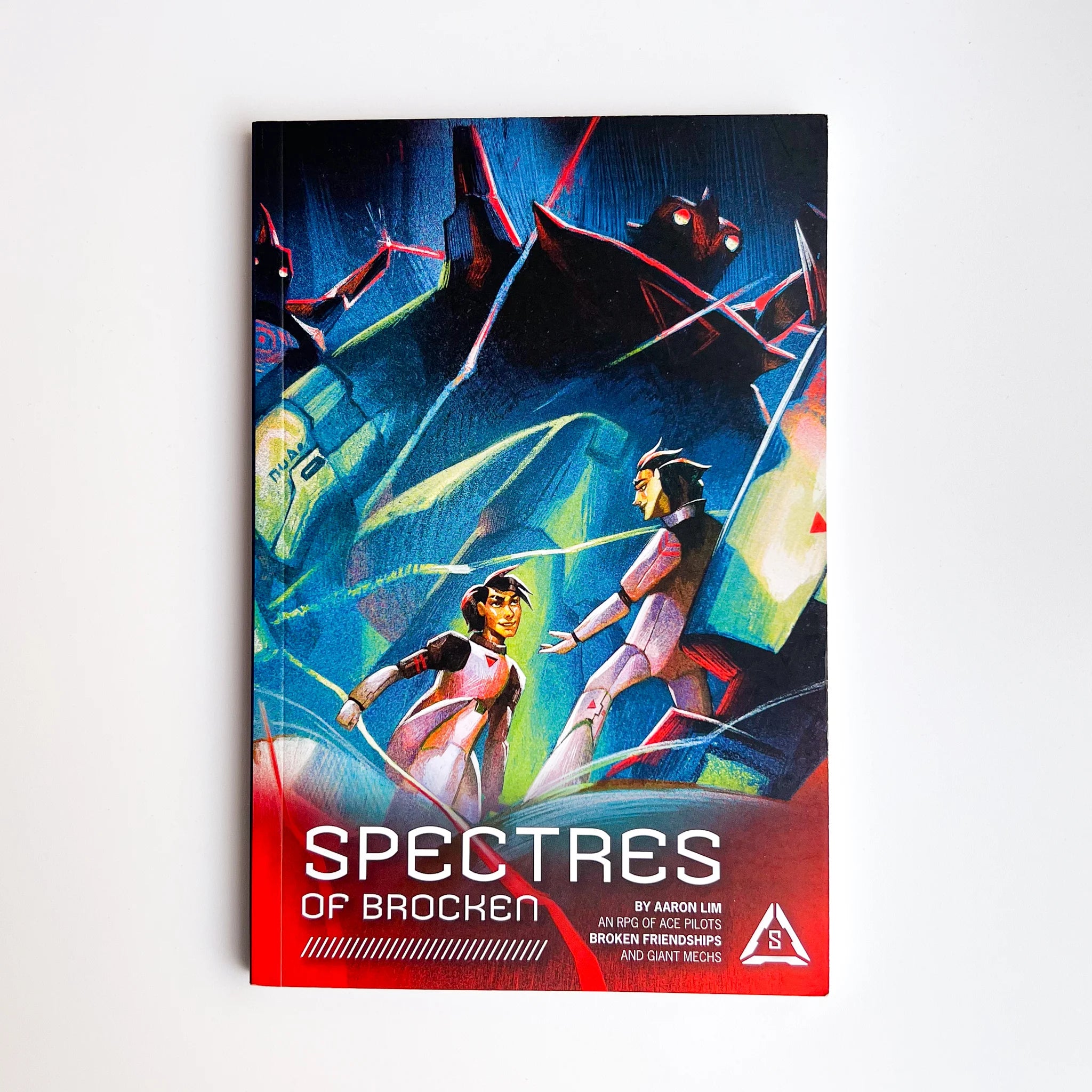 Spectres of Brocken RPG cover featuring mech pilots and giant mechs; No Dice No Masters system.