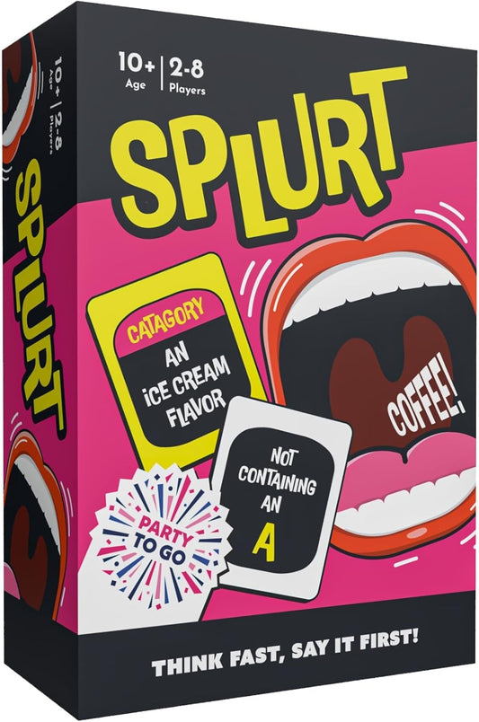 Splurt card game with cards displaying wild phrases and packaging featuring a bold shouting mouth.