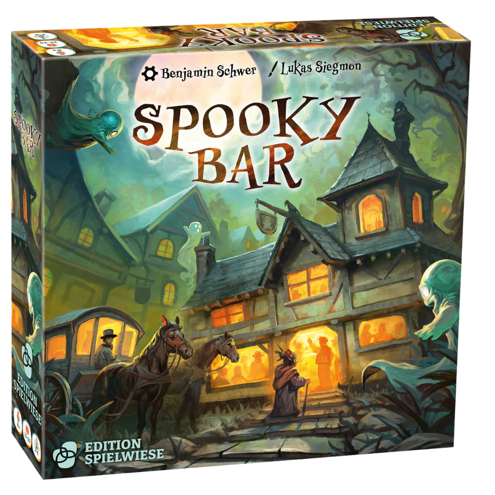 Spooky Bar card game with haunted house, ghosts, and horse-drawn carriage on the packaging.