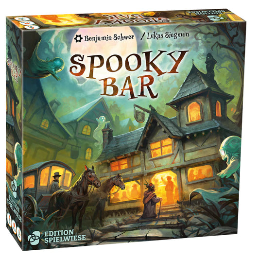 Spooky Bar card game with haunted house, ghosts, and horse-drawn carriage on the packaging.