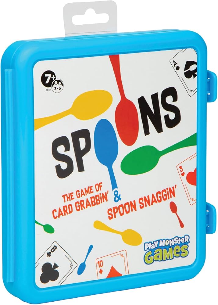 Blue box for Spoons in a Case game, showing colorful spoons and playing cards on the cover.