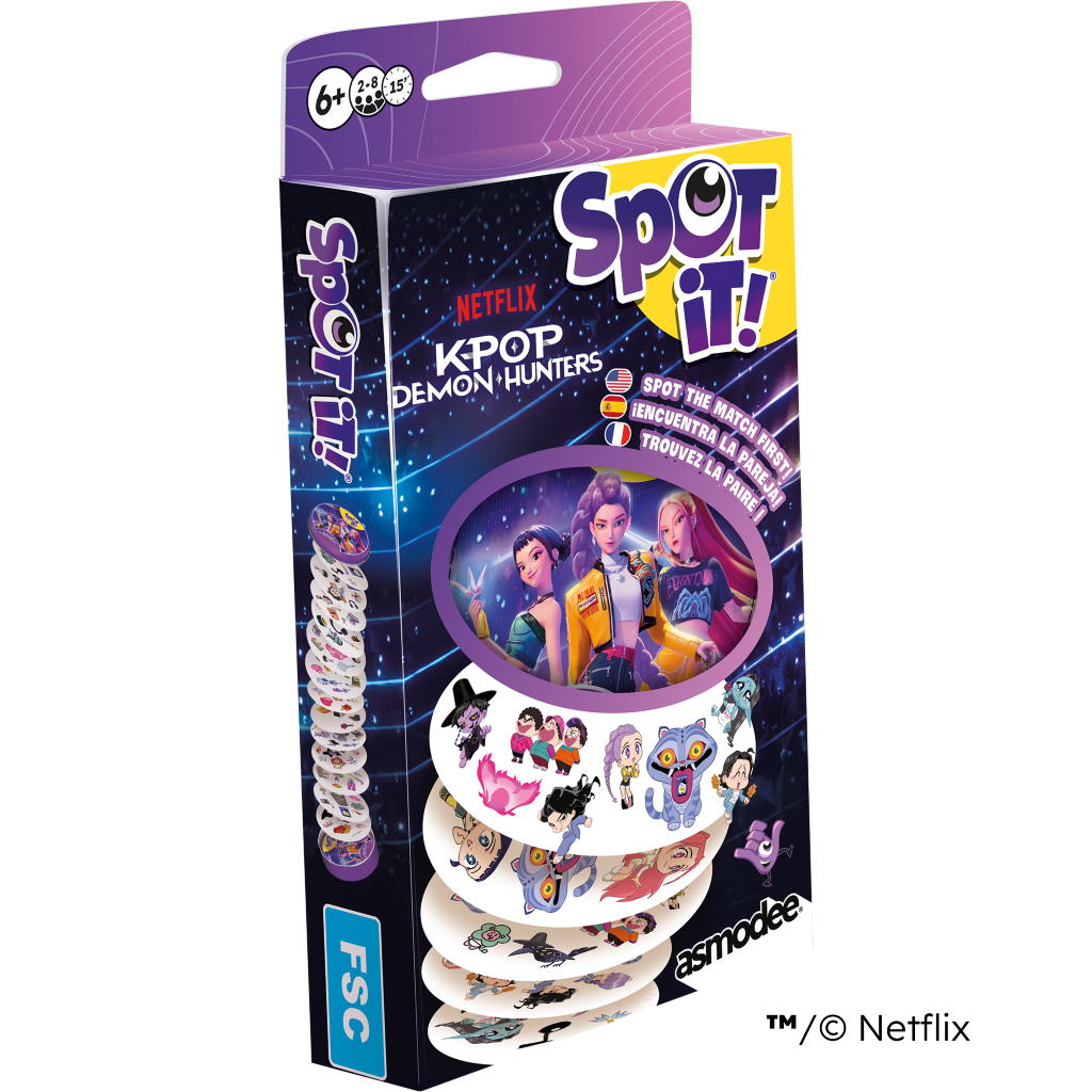Spot It K-Pop Demon Hunters card game box with cards and Netflix, Asmodee logos.