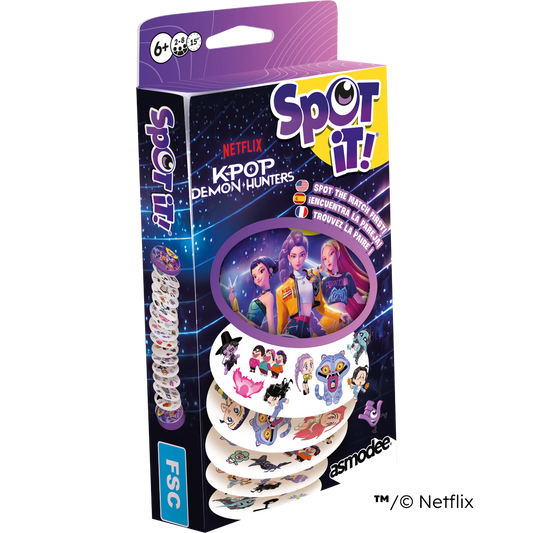 Spot It K-Pop Demon Hunters card game box with cards and Netflix, Asmodee logos.