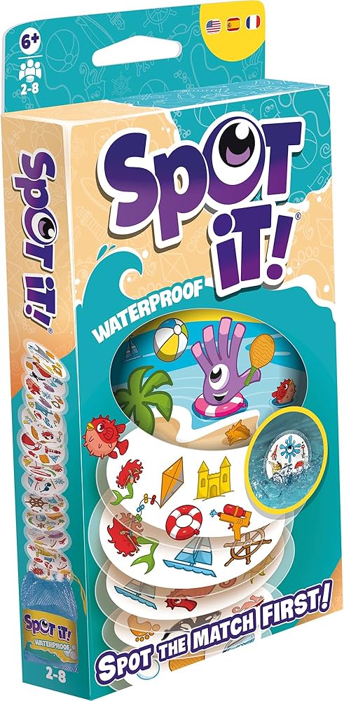 Spot It Waterproof (Eco Blister) game with beach-themed waterproof cards for ages 6+, 2-8 players.