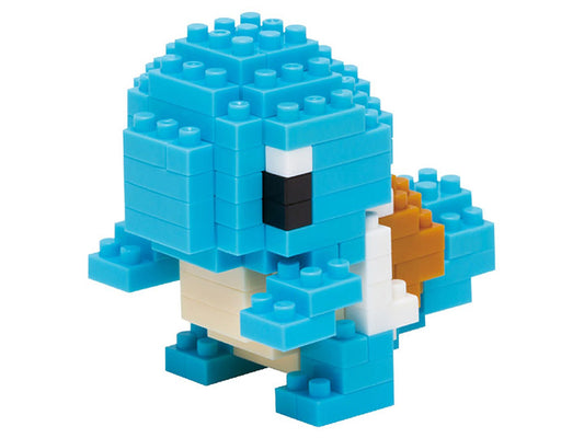 Pokemon Nanoblock Squirtle, blue and brown turtle-like figure built from small interlocking bricks, facing left.