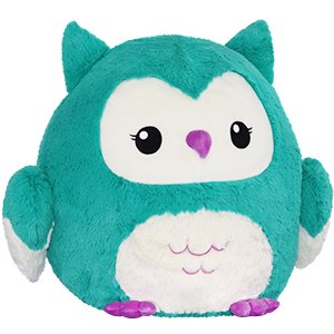 Squishable Baby Owl plush, teal and white with large eyes, small wings, and purple beak and feet.
